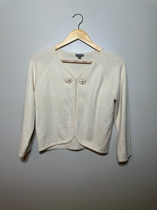 Ann Taylor Sweaters - Ann Taylor Cream Silk cotton Blend Cardigan with Shell Flower Detail Women’s M